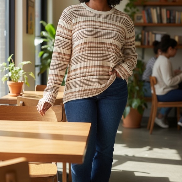 Nine West Sweaters - Nine West Cream and Brown Striped Sweater